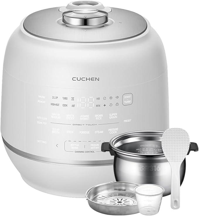 Cuchen 10-Cup Premium IH Pressure Rice Cooker with 316Ti Stainless Steel Inner Pot, 2.1 Bar High Pressure for Multi-Grain & Canning, Auto Steam Clean, White (CRT-RPD1010IEWUS)