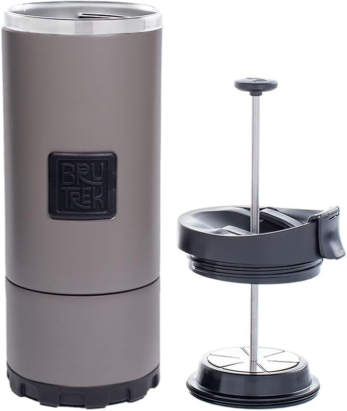 BruTrek® by Planetary Design OVRLNDR Travel Coffee French Press, 24 fl.oz, Double Wall Insulated, Patented Removable Bottom, Locking No Spill Lid, On The Go Coffee Brewing (Storm Gray)