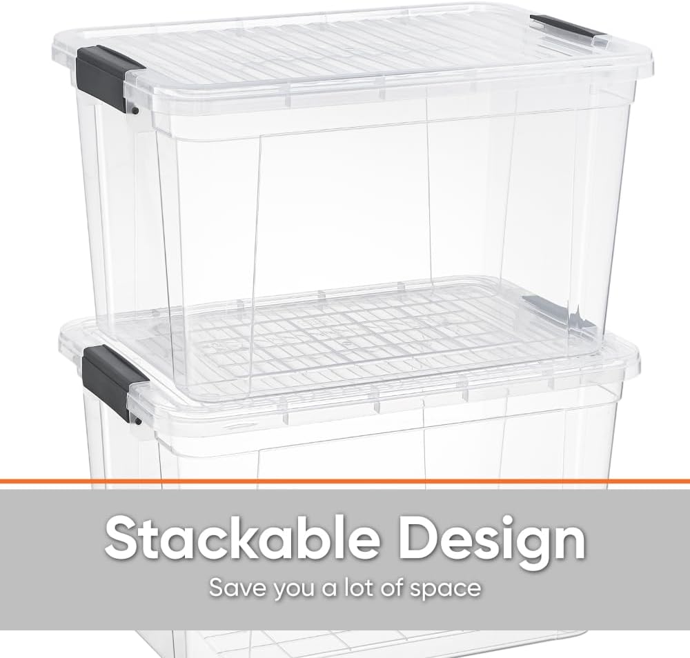 Superio Clear Storage Boxes with Lids, 14.25 Quart Plastic Container Bins for Organizing, Stackable Crates, BPA Free, Non Toxic, Odor Free, Organizers for Home, Office and Dorm, 4 Pack