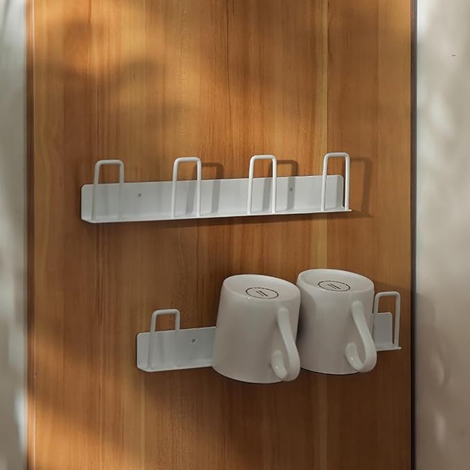 BAIEUEJO 2pcs Cup Holder Wall-Mounted Mug Hook Coffee Cups Holder no Drilling Coffee Mug Rack with 4 Cup Holders Rack for Kitchen/Living Room/Office (White)