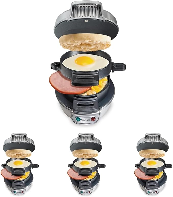 Hamilton Beach Breakfast Sandwich Maker with Egg Cooker Ring,Customize Ingredients,Perfect for English Muffins,Croissants,Mini Waffles,Perfect White Elephant Gifts,Silver (25475),(Pack of 4)