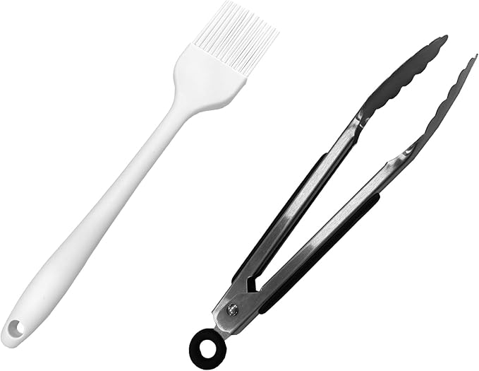 HBN 2-in-1 Stainless Steel Food Tongs & Heat-Resistant Silicone Basting Brush Set for Hot Dog Machine, Grill, Baking - Locking, Foldable, Dishwasher Safe