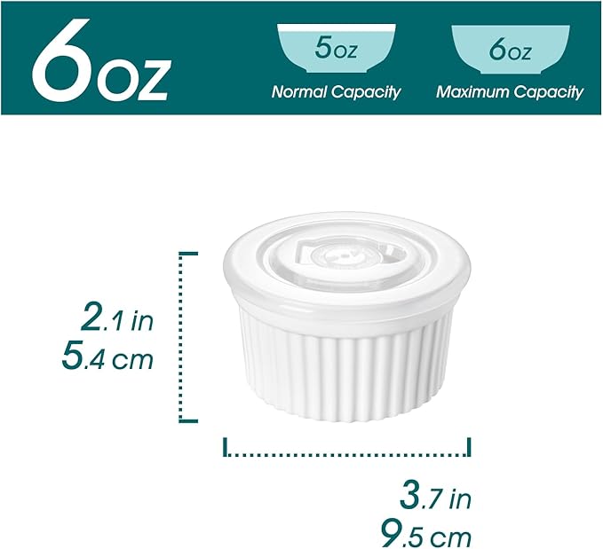 vancasso 6 oz Ramekins with Lid, Porcelain Creme Brulee Souffle Dishes, White Pudding Custard Cups Ramiken for Baking, Dishwasher and Oven Safe, Set of 6