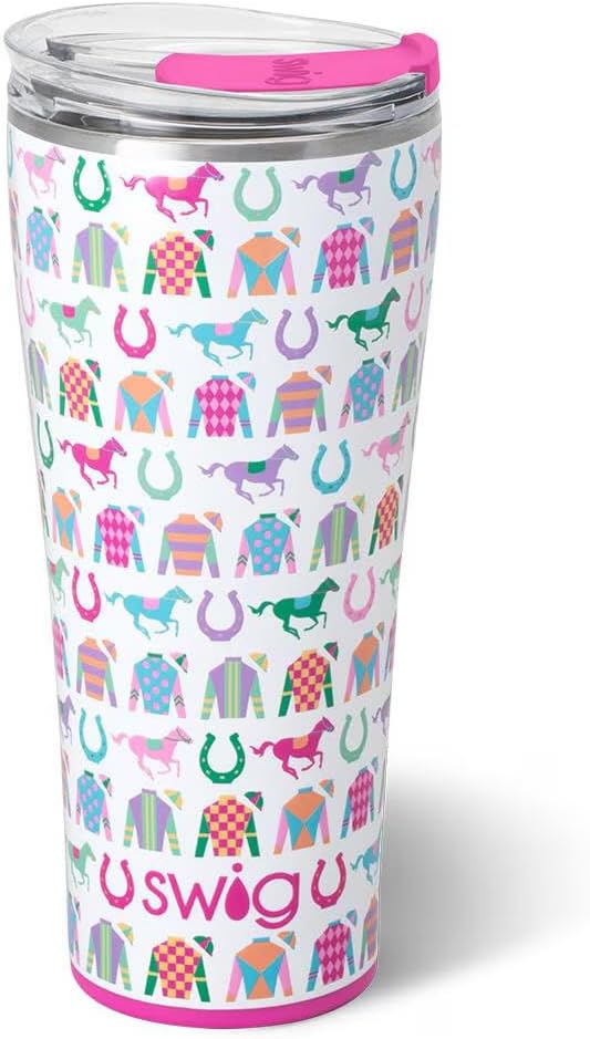Swig Life 32oz Insulated Tumbler, Travel Coffee Tumbler with Lid, Cup Holder Friendly Travel Coffee Mug, Stainless Steel with Lid, Kentucky Derby Cups, Horse Racing (Go Baby Go)