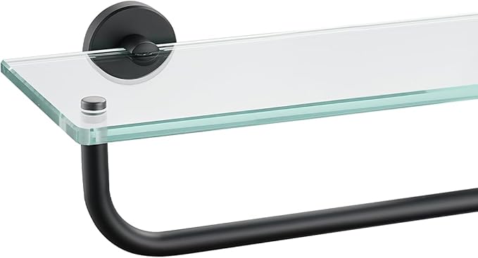 JQK Bathroom Glass Shelf, Shelf with 15 Inch Towel Bar Tempered Glass Shower Storage 16 by 5 inches, 304 Stainless Steel Matte Black Wall Mount, TGS100-PB