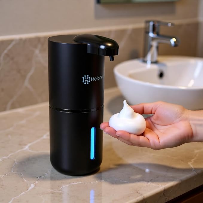 Automatic Touchless Foam Soap Dispenser (Black, 12.8oz) | USB-C Rechargeable, Infrared Sensor, IPX5 Waterproof for Bathroom, Sinks, Kitchen | Wall Mount or Countertop for Hand Soap