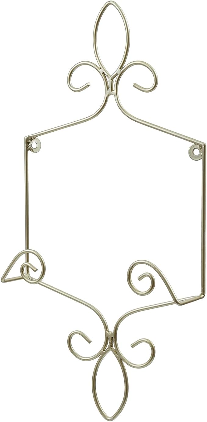 MyGift Wall Mounted Brass Tone Metal Wire Vertical Collectible Plate Holder, Decorative Vintage Scrollwork Hanging Rack Holds Single 9 to 13 Inch Plates