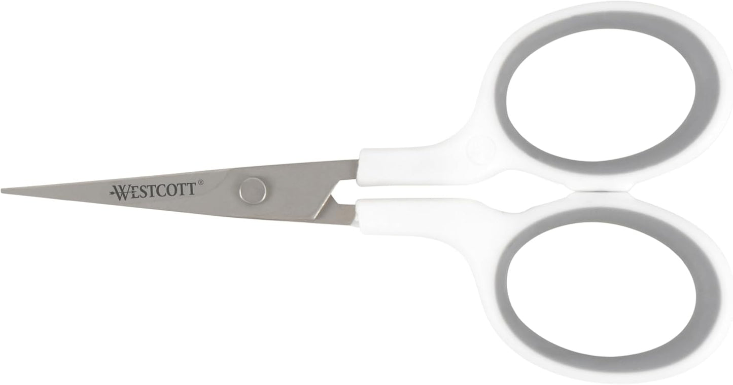 Westcott 4" Embroidery Scissors with Straight Titanium-Bonded Blades for Crafting, Sewing & More (White/Gray)