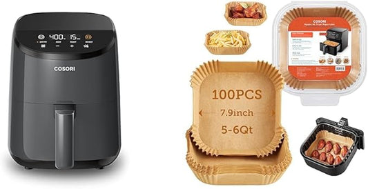 Cosori Mini Air Fryer 2.1 Qt, 4-in-1 Small Airfryer, Bake, Roast, Reheat & Air Fryer Liners, 100 PCS Square Disposable Paper Liners