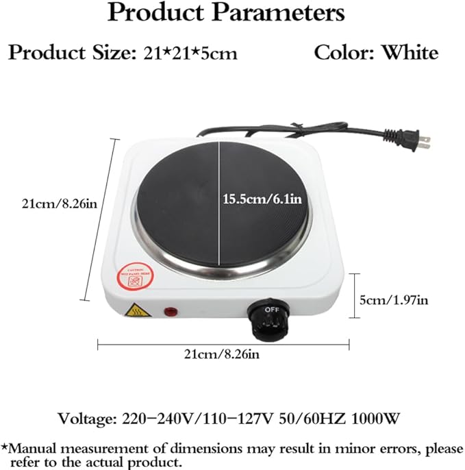 Compact and Portable Countertop Burner- Countertop Single Cast Iron Burner 1000 Watts Electric Hot Plate Temperature Controls White