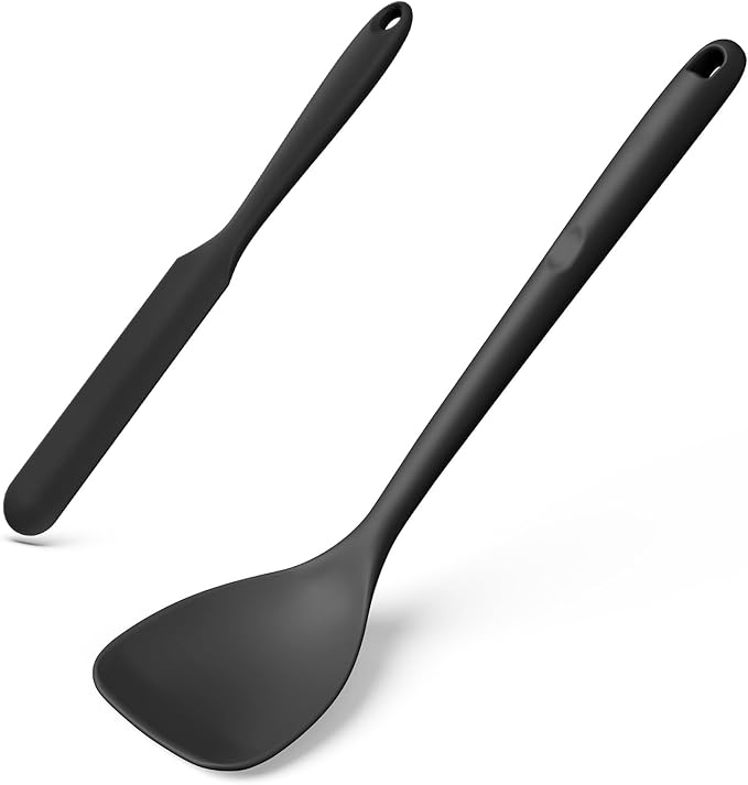 U-Taste 600ºF High Heat Skinny Silicone Jar Spatula and 600ºF Heat Resistant 13.76" Long, 3.63" Wide Wok Spatula for Kitchen Stir Fry (Black)
