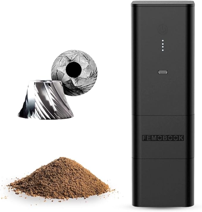 Femobook-A2 Portable Electric Coffee Grinder, Cordless Burr Grinder USB Rechargeable Coffee Grinder Magnetic Grounds Cup Travel & Home Brewing, Black