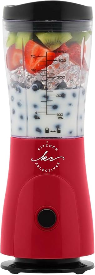 Kitchen Selectives 14-Ounce Mini Blender Color Series - Personal, Portable Blender for Fruit Smoothies & More - With Powerful Stainless Steel Blade & Drink Lid - Red