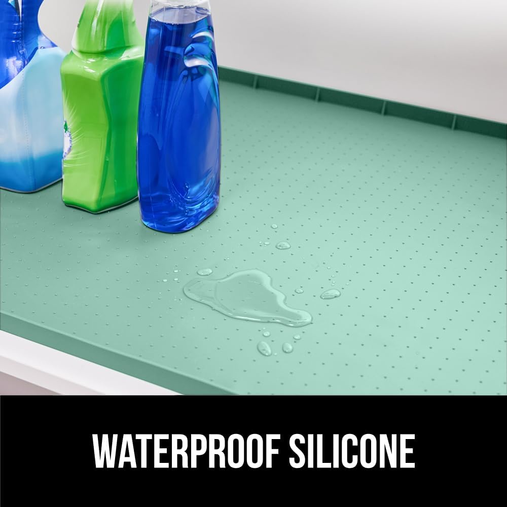 GORILLA GRIP Waterproof Silicone Under Sink Mat with Raised Lip for Kitchen and Bathroom, Cabinet Shelf Liner Stay in Place Mats Dishwasher Safe Drawer Liner, Organizer Tray, 15 x 22 in, Mint