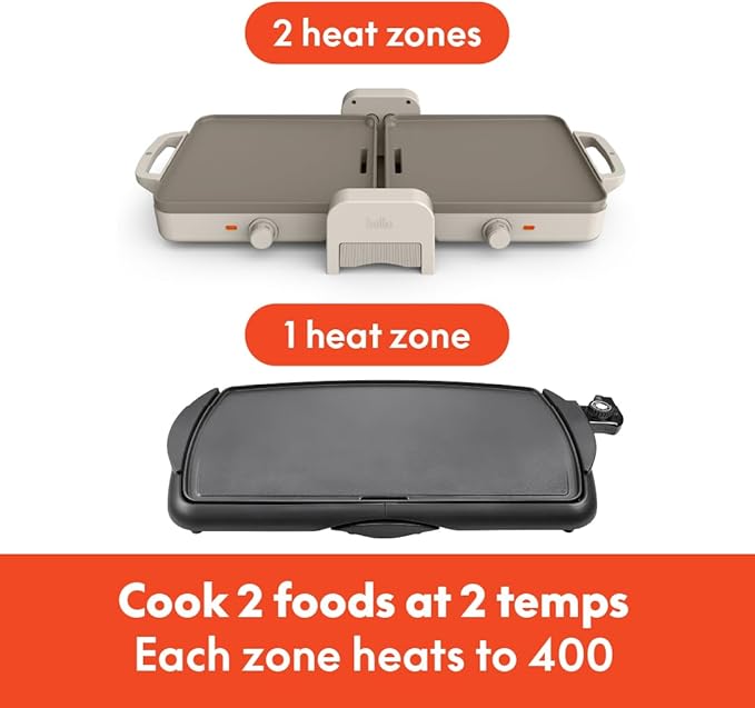 Bella 10"x 20" Ceramic Fold-n-Store Dual Temp Griddle, Fits-anywhere Kitchenware, EverGood Ceramic Nonstick Coating, 2 Temperature Zones up to 400°F, Dishwasher Safe Drip Tray, 1500 Watt, Oatmilk