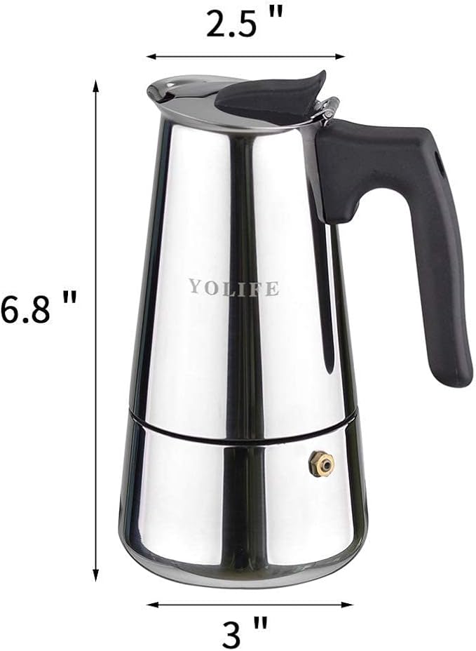 YOLIFE Mini Stovetop Espresso Maker, Induction Small Moka Pot for Italian Coffee, Cappuccino and Latte, Stainless Steel,4 Espresso Cup (1 Cup= 50ml) (200ml / 7oz)