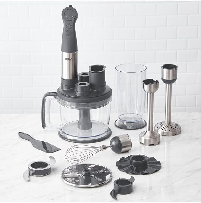 Dash Chef Series Deluxe Immersion Hand Blender, 5 Speed Stick Blender with Stainless Steel Blades, Dough Hooks, Food Processor, Grate, Mash, Slice, Whisk Attachments and Recipe Guide – Cool Grey