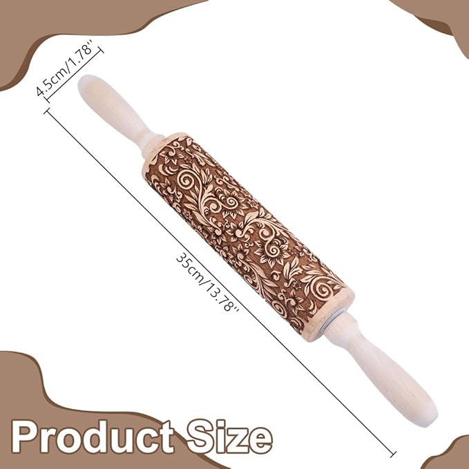 Embossed Wooden Rolling Pin Vine Print 35cm Rolling Pin for Baking Biscuits 3D Pattern DIY Kitchen Tool Baking Accessories Homemade Bakery Pastry Cookie Fondant Dough Pizza