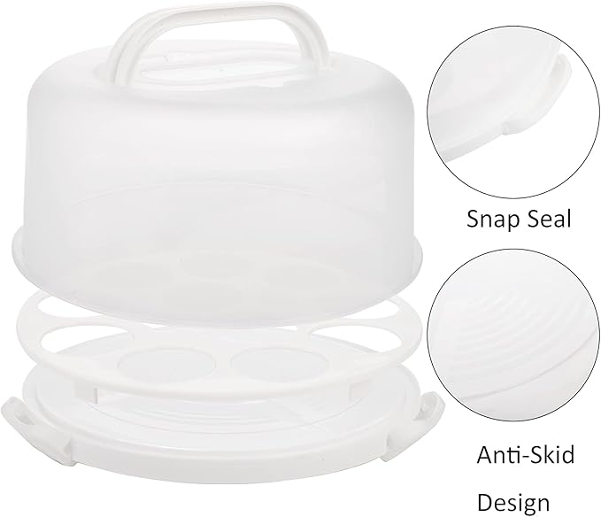 Yesland Cake Carrier with Collapsible Handle - White Cake Container and Holder with Lid - Portable Plastic Round Cake Cover for 10 inch Cake, Pies, Cookies, Nuts, Muffins, Cupcakes and Fruit