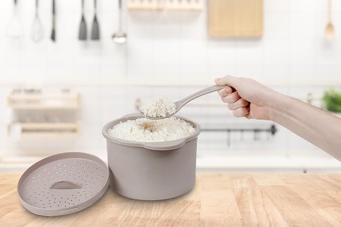 Microwave Rice & Grain Cooker – Easy Cook Container with Locking Lid, Heat-Resistant Handles – Includes Measuring Cup & Mixing Paddle – Cooks Rice, Grains, Veggies & More