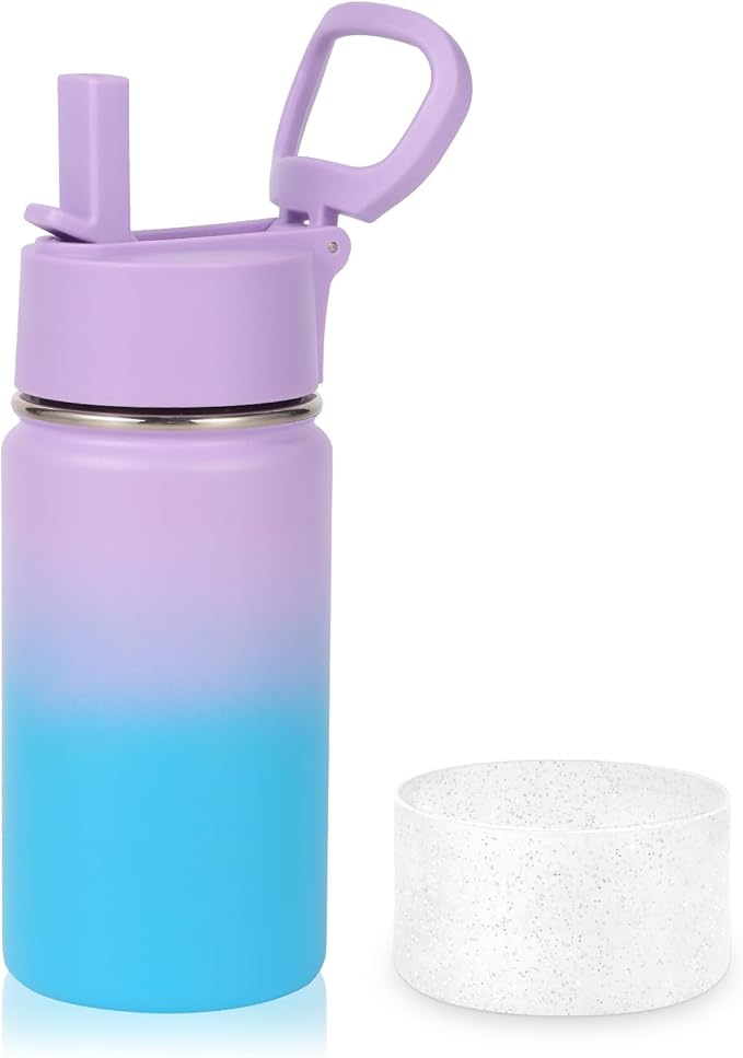Volhoply 14oz KIds Stainless Steel Insulated Leakproof Water Bottle with Straw Lid and Silicone Boot,BPA-Free Easy Use for Boys&Girls,Double Wall Vacuum Bottles(Lavender Blue,1)