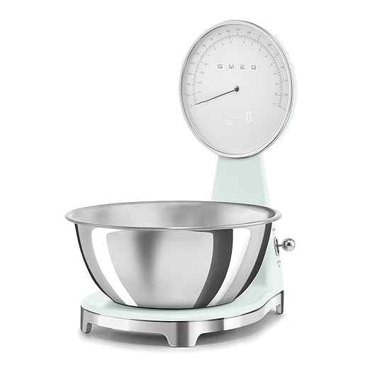 SMEG Retro-Style Analog & Digital Kitchen Scale, 11 lb Capacity, Rechargeable Battery, Backlit LCD Display, Stainless Steel Bowl (Pastel Green)