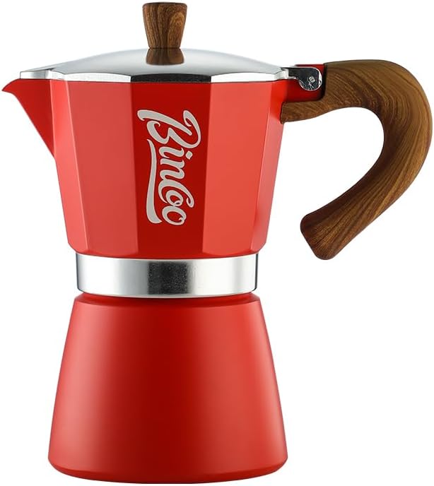Bincoo Classic Italian Coffee Maker, Moka Pot 6 Cups, Espresso Maker Stovetop Espresso Moka Pot,Single Safety Valve (Red)