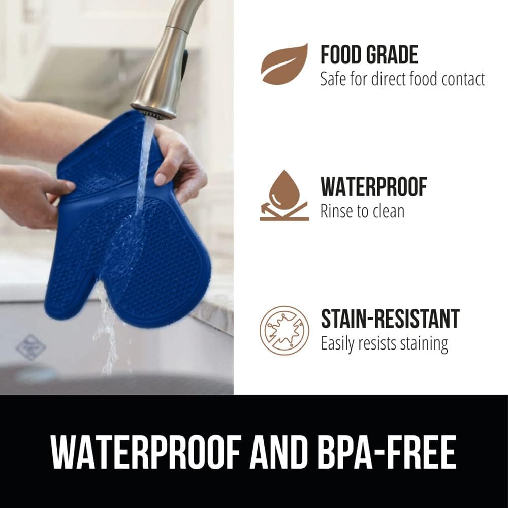 GORILLA GRIP BPA-Free Soft Silicone Oven Mitts and Pot Holders Sets of 4, Heat Resistant Waterproof Cooking Gloves, Thick Cotton Lining, Flexible Gripping for Baking Grilling, Kitchen Trivets, Blue