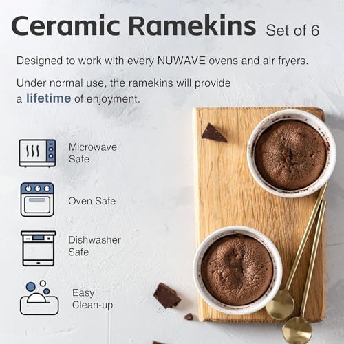 Nuwave Ceramic Ramekins 8 oz, Set of 6, Elegant Classic Style for Baking Souffles, Creme Brulées, Custards, Puddings, 4.3” Wide & 2” Tall, Microwave, Oven & Dishwasher-Safe, Ivory White (6)