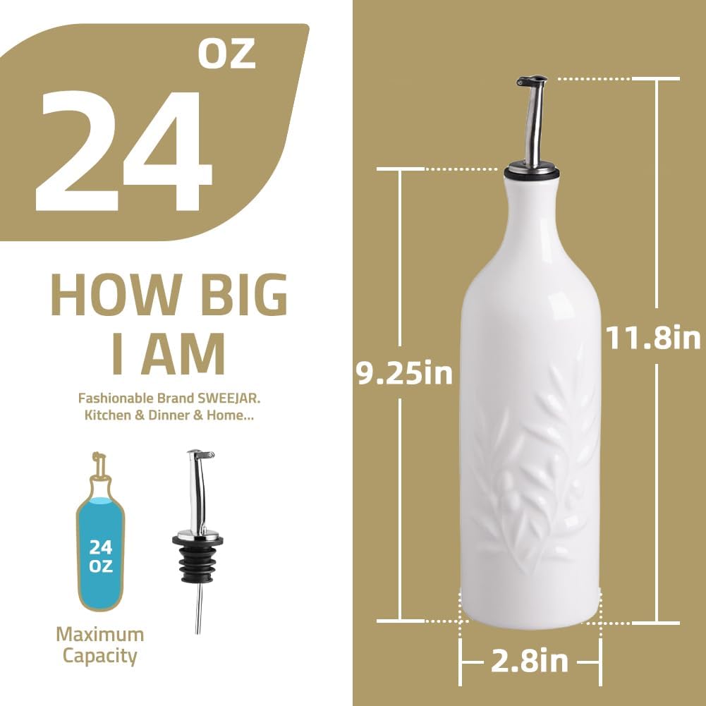 Sweejar Ceramic Olive Oil Dispenser Bottle, 24 Oz Relief Design EVOO Oil and Vinegar Dispensing Bottle with Spout for Kitchen, Set of 1 (Turquoise)