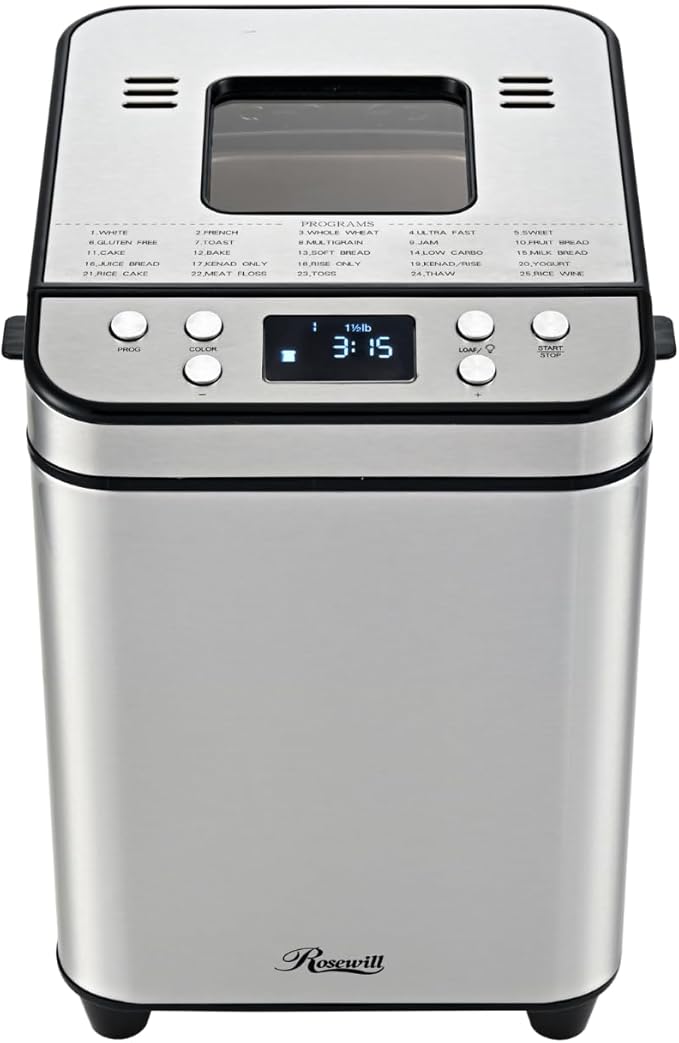 Rosewill 25-in-1 Automatic Bread Maker Machine with 3 Loaf Size up to 2 Lb, 700W High Power Dual Heater Bread Maker with BPA-free Nonstick Coating Pan, Max 15 Hours Delay Timer, Low Noise - Silver