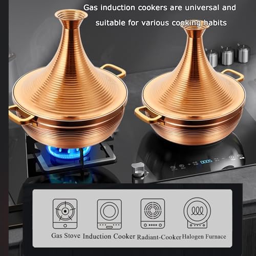 Large Stainless Steel Moroccan Tagine Pot, 30cm Non-Stick Tajine Casserole with Cone Lid & 2 Handles, Elegant Gold Finish for Authentic Moroccan Cooking