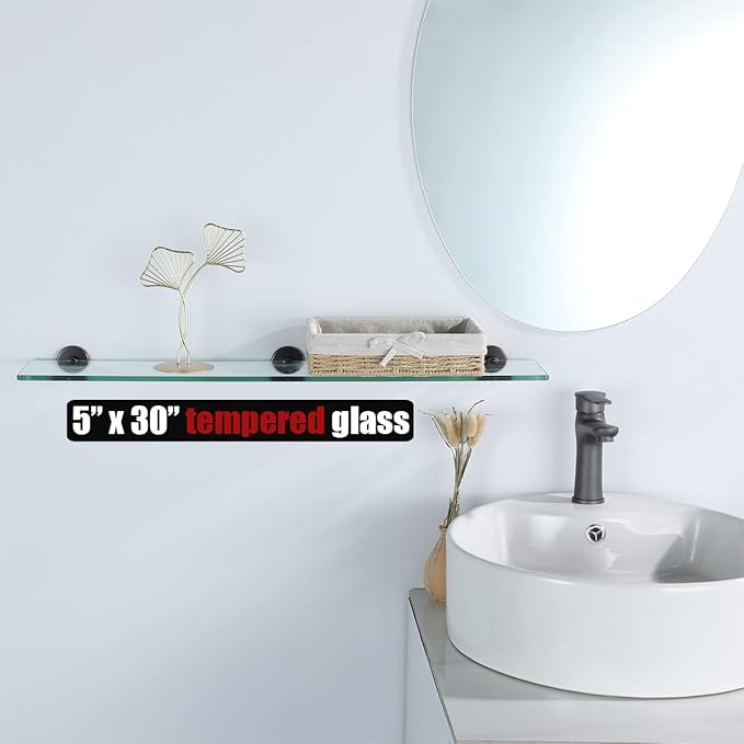 JQK Bathroom Glass Shelf Oil Rubbed Bronze, Tempered Glass Shower Storage 30 by 5 inches, 304 Stainless Steel ORB Wall Mount, TGS101L30-ORB