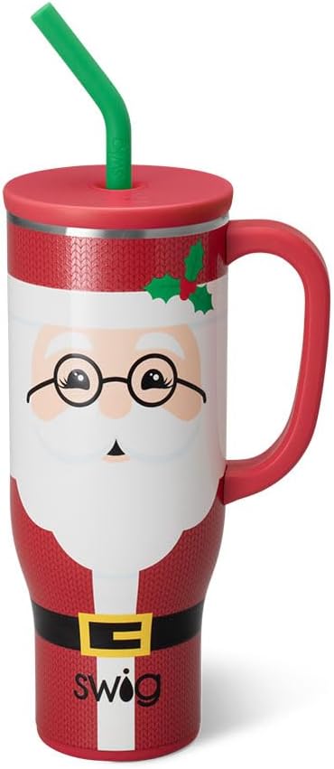 Swig Life 30oz Mega Mug, 30oz Tumbler with Handle and Straw, Large Insulated Tumblers, Cup Holder Friendly Travel Mug, Stainless Steel 30 oz Tumbler, Reusable Insulated Water Bottle (Mr Claus)