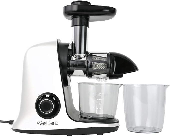 West Bend Juicer Cold Press Masticating Extractor Machine Features Quiet Motor Anti-Clog Reverse Function Nutrient Preserving For Juicing Fruits Vegetables and All Greens, 150-Watts, White