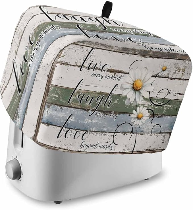 White Green Blue Toaster Cover 2 Slice, Vintage Wooden Rustic Dustproof Bakeware Oven Protector with Top Hook, White Daisy Floral Waterproof Small Kitchen Appliance Toasters Dust Cover, 11"x6"x8"