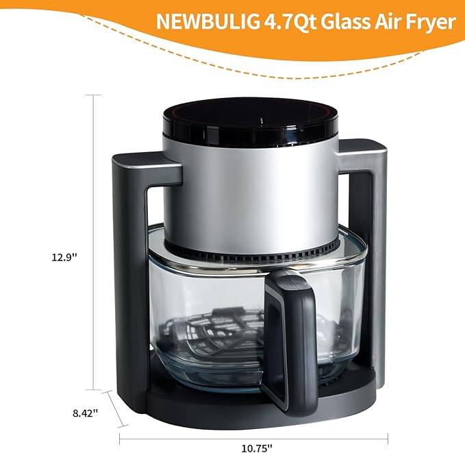 NEWBULIG 4.7Qt Glass Air Fryer, 10 in 1 Air Fryers with Timer, 105 to 395°F Wider Temperature, 360° Visibility, Dishwasher Safe, Roast Bake Dehydrate Reheat, Nonstick & Easy-Clean Basket, 1300W