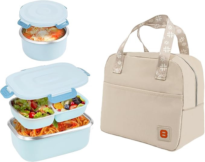 18/8 Stainless Steel Bento Box, Bento Lunch Box with Soup Bowl for Kids and Adults, Food Containers with Bag for Office or School, Blue