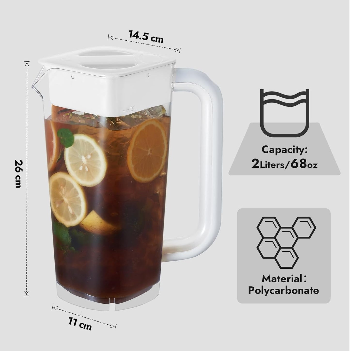 CURTA 2 Pack 2 Liters/68 oz Plastic clear Square Pitcher with Lid & Handle for Kitchen,ICED JUICE and Coffee Carafe Beverage Serveware, Acrylic Water Jug for Hot/Cold Drinks&lemonade