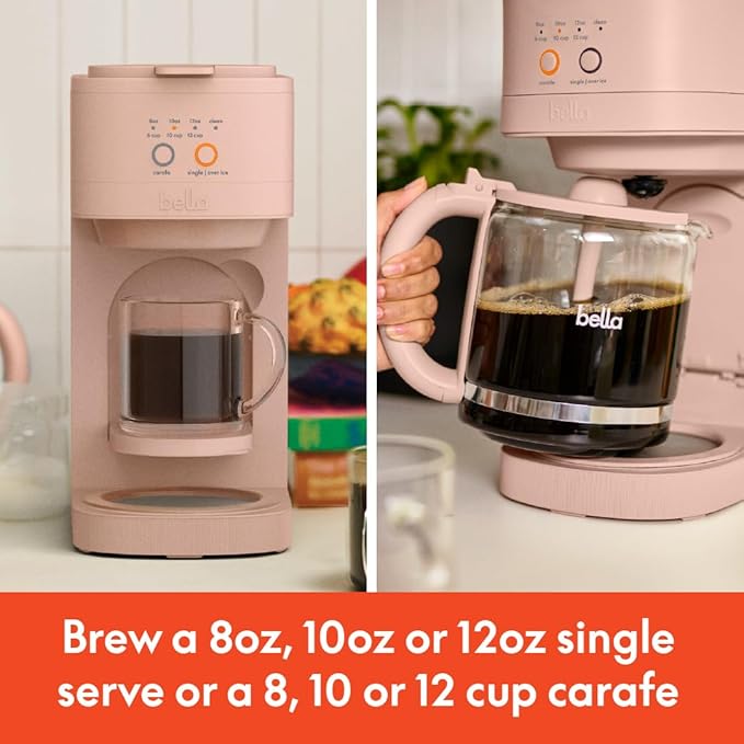 BELLA VersaBrew 2-in1 Coffee Maker, K-Cup compatible, Brew 3 Sizes Carafes & Single Serve Cups, Dishwasher Safe Reusable Filter & Filter Holder, Iced Coffee Function, 60oz Tank, Blossom