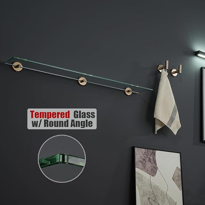 JQK Bathroom Glass Shelf, Tempered Glass Shower Storage 30 by 5 inches, 304 Stainless Steel Champagne Bronze Wall Mount, TGS101L30-CB