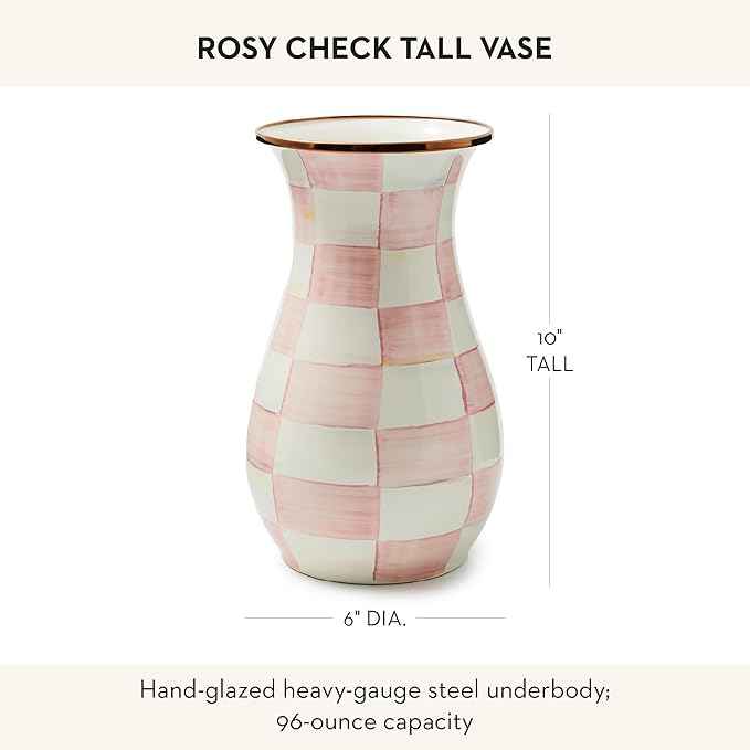 MACKENZIE-CHILDS Tall Enamel Vase, Unique Flower Vase, Bouquet Vase Decor for Living Room, Pink-and-White Rosy Check