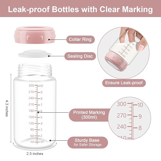 Breastmilk Storage Bottle Compatible with Spectra S1/S2/SG/9Plus /Motif Luna Flange, 9.5oz Wide-Neck Spectra Bottles for Pumping, Baby Bottle Storage with Lid Fit Momcozy Breast Milk Cooler 22oz, Pink