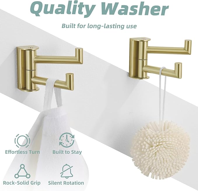 APLusee 2-Pack Brushed Gold Swivel Double Towel Hooks, 304 Stainless Steel Wall Hooks with 2 Arms, Space-Saving Towel Hangers for Bathroom Kitchen RV