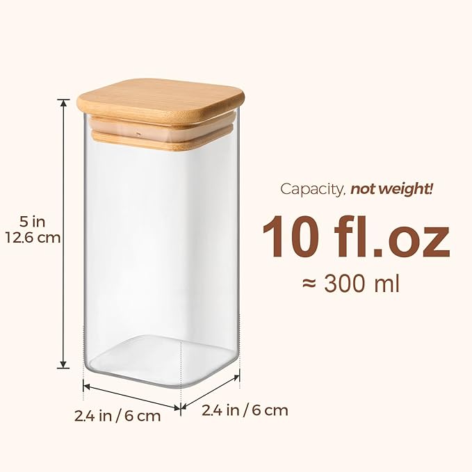 ComSaf 16Pcs Spice Jars with Labels, Glass Jar witj Bamboo Lid, 10oz Airtight Square Containers with Black Lables, Empty Seasoning Jars for Spice, Salt, Pepper, Sugar