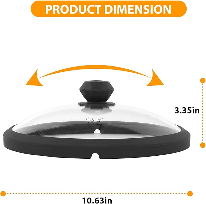 Microwave Glass Cover Splatter Guard Lid with Anti-scald Silicone Handles and Vented Edge for Food Pot Plate Cover 10.5 inch Diameter Black Height 3.35 inches