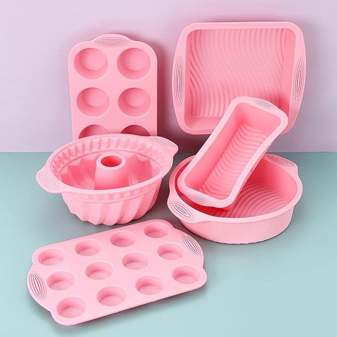 Silicone Baking Tray Silicone Mold Sets Muffin Cup Toast Baking Pan Diy Cake Mold Bakeware Cake Decoration Accessories 6Pcs Set Pink