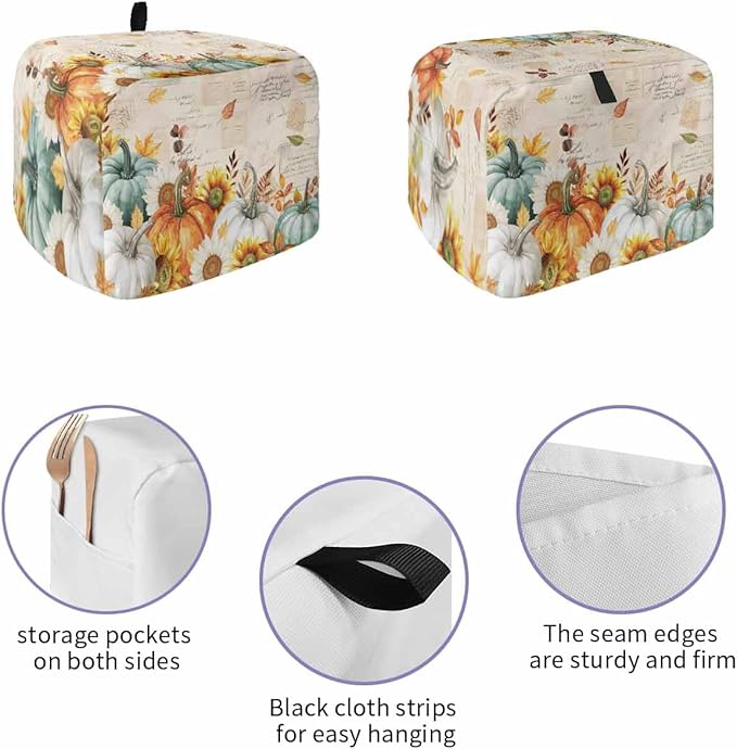Green Orange Pumpkins Fall Toaster Cover 2 Slice, Thanksgiving Sunflower Dustproof Bakeware Oven Protector with Top Hook, Vintage Waterproof Small Kitchen Appliance Toasters Dust Cover, 12"x7.5"x8"