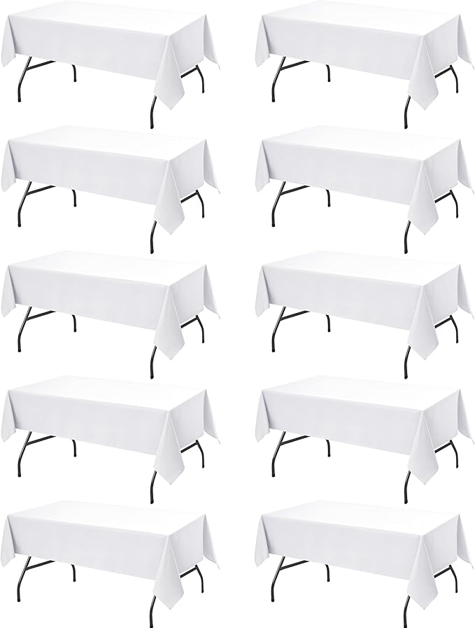 10-Pack White Tablecloths for Rectangle Tables, 60 x 84 Inches, Stain-Resistant Polyester Fabric for 4 Foot Tables - Washable Table Covers for Weddings, Banquets, Birthday Parties, Events