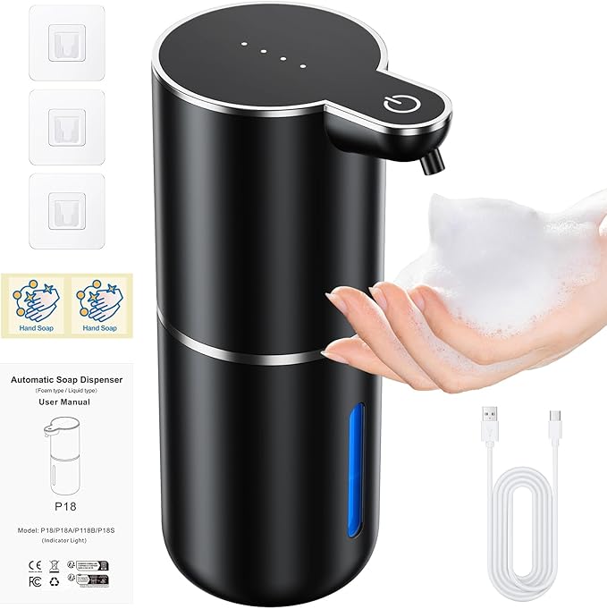 Fantictas Automatic Soap Dispenser Touchless Automatic Foam Soap Dispenser 380ML 4 Adjustable Levels 1200mAh Soap Dispensing Wall Mount for Kitchen and Bathroom,Black